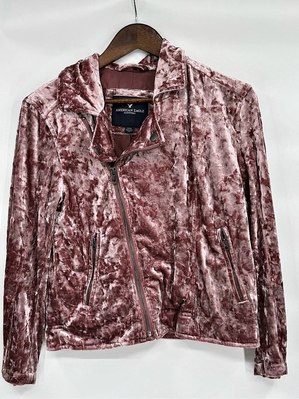 American Eagle Outfitters Crushed Velvet Moto Jacket Pink Medium